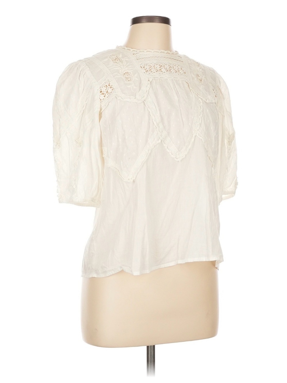 Anthropologie Cream Lace-Trim Puff Sleeve Blouse